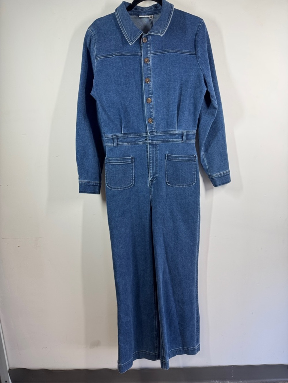 ICHI Denim Jumpsuit Blue Size 36 Wide Leg Button Front Utility Chic Casual - Picture 3 of 15